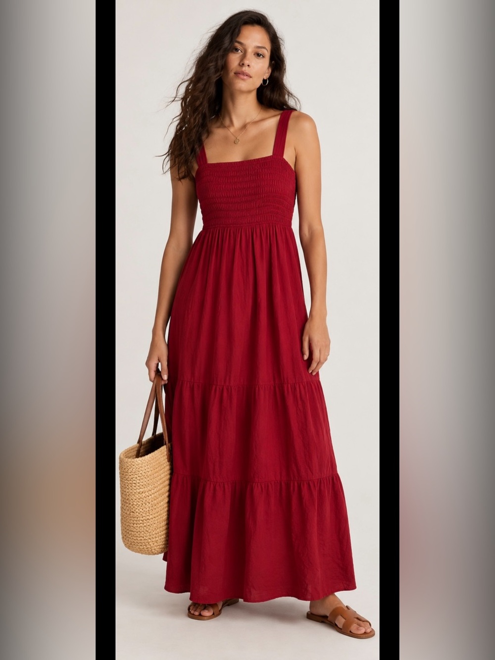 Madewell Red Smocked Tiered Maxi Dress Size 6 Square Neck Cotton Blend
